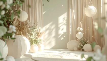 Serene Ambiance: Soft sunlight bathes a tranquil indoor setting, filled with delicate floral arrangements and elegant decorative elements, creating a sense of peace and tranquility.
