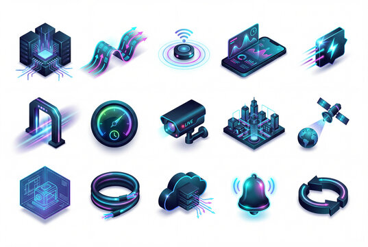 Isometric 3d icons set for real time analytics edge computing iot intelligence data stream and high speed connectivity - Powered by Adobe