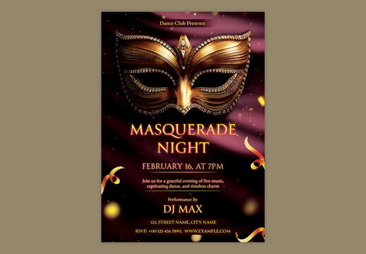 Editable Carnival Masquerade Night Party Flyer Design with Event Details and Elegant Golden Mask on Dark Theme.