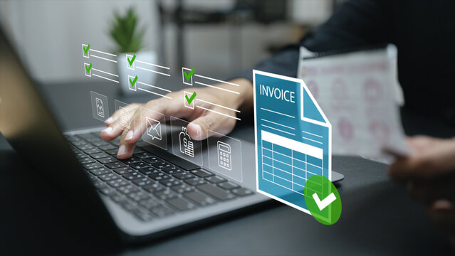 Digital invoice concept with electronic billing system on digital screen, online payment and automated accounting workflow. Modern financial technology for secure and efficient business transactions.