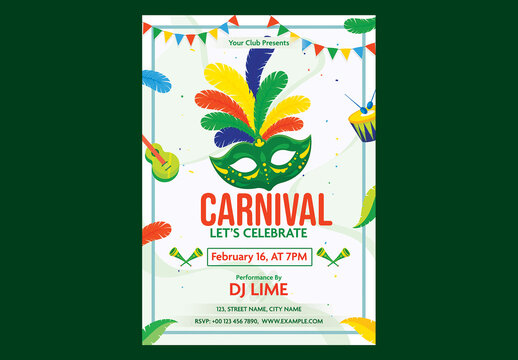 Editable Carnival Party Flyer Design with Colorful Feathered Mask Illustration and Festival Elements on White Background.
