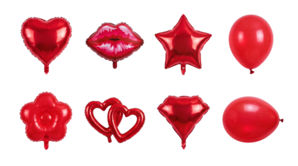 Red balloon set including heart, lips, star, flower, and oval shapes isolated. Party and romantic celebration decoration collection.