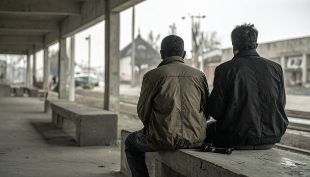 Refugee men waiting in silence from behind