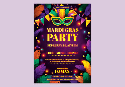 Editable Carnival Party Invitation, Mardi Gras Festival Flyer Design with Event Details in Colorful Theme.