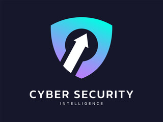 Cyber security intelligence data protection with growth arrow overlapping in shield shapes technology vector logo design concept, representing futuristic technology, network security, ui, big data.