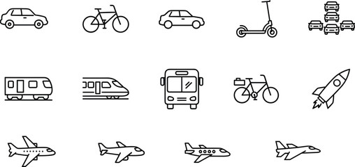 Minimal line transportation icon set featuring cars bicycles trains buses airplanes rockets and modern mobility outline symbols collection © Moslama