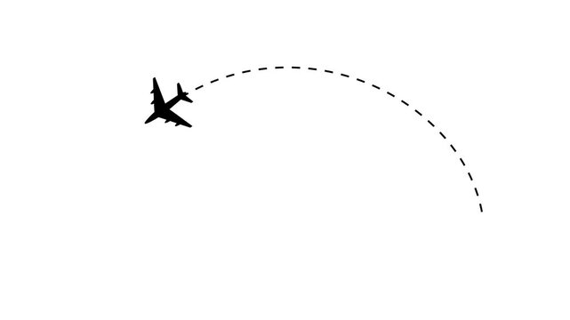 air plane flight route with start point. Airplane line path motion animation. Passenger Plane Icon and dash line trace animation. Dashed line plane route animation. Airplane flight path animation, 
