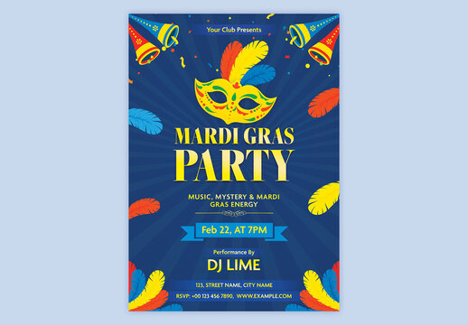 Editable Carnival Party Invitation, Mardi Gras Festival Flyer Design with Colorful Feathered Mask and Event Details on Blue Rays Background.