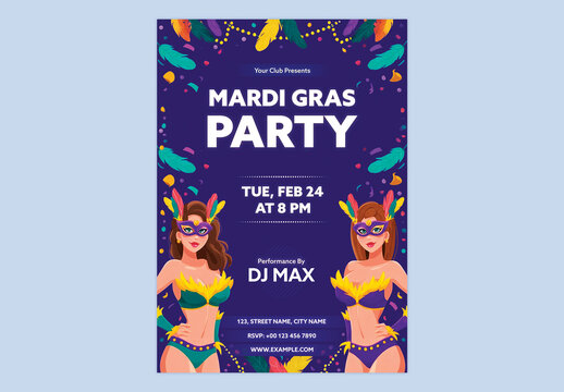 Editable Carnival Party Invitation, Mardi Gras Festival Flyer with Female Samba Dancers Illustrations and Event Details Placeholder on Violet Background.