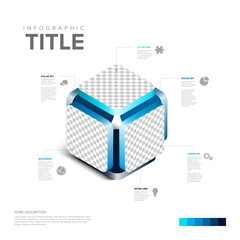 This isometric infographic features a 3D cube with customizable photo placeholders panels. The modern 3D cube uses a sleek infographic design to display business data and creative information clearly.