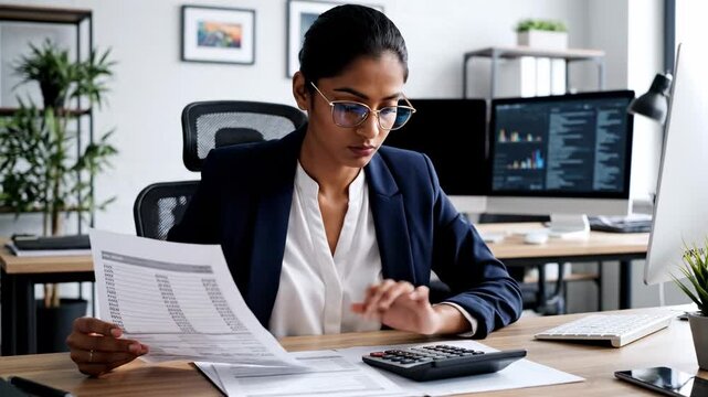 Professional Woman Auditing Financial Reports At Desk Using Calculator And Dual Monitors With Charts, Glasses, Neat Documents And Focused Reconciliation In Modern Office