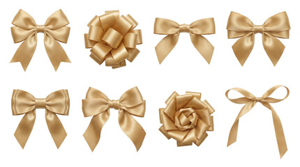 Gold satin ribbon bow set including classic, pompom, floral, and thin knotted styles isolated. Elegant gift wrapping and festive decoration elements.