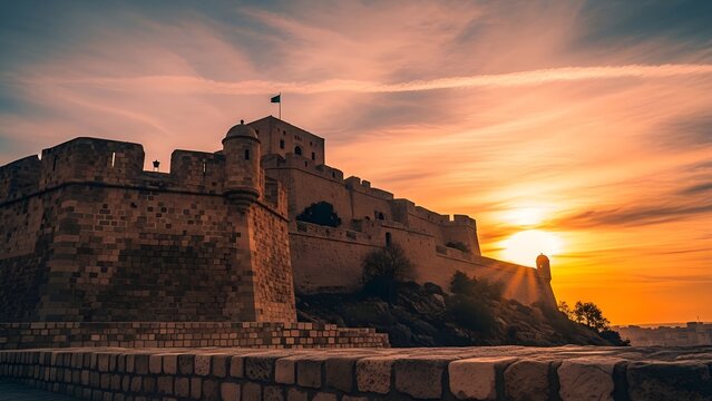 Fort Santa Cruz silhouetted on hilltop in Oran at sunset