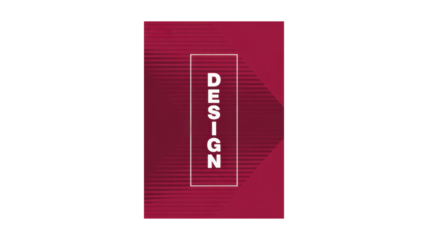 A vibrant modern abstract graphic design banner features the word DESIGN in a vertical white frame on a rich dark red background adorned with dynamic 