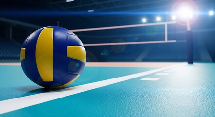 Vleyball ball on court with net and lights