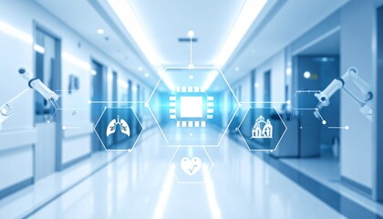 Modern hospital corridor with futuristic medical technology and robotic arms