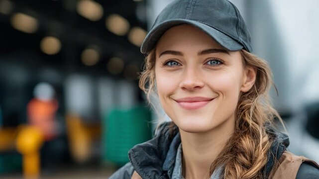 Radiant Worker: A captivating portrait of a smiling worker, a symbol of dedication and efficiency in the bustling world of transport and logistics. A picture of her looking into camera with confident.