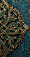 Teal textured surface with gold Celtic knot detail