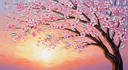 Oil painting of blooming tree with pink flower and silver leaf, against sunset, representing beauty, growth, and tranquility, perfect for nature concepts