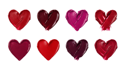 Lipstick heart smudge set including various shades of red, burgundy, and pink smears isolated. Cosmetic makeup texture and beauty product collection.