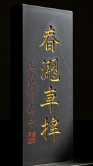 Stone memorial tablet engraved with Chinese characters on black background  