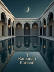 Ramadan kareem courtyard at night with crescent moon reflection