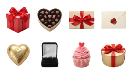 Valentine's Day gift set including heart shaped chocolates, red jewelry box, engagement ring, cupcake, and wax sealed envelope isolated. Romantic celebration and anniversary elements collection.