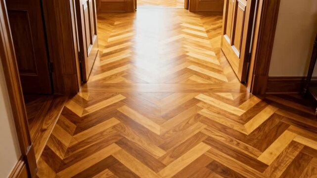 Medium shot of a foyer showcasing a herringbone floor design with elegant zigzag wooden patterns enhancing the entryways welcoming atmosphere