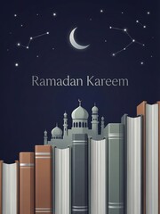 Ramadan kareem greeting with mosque, moon, and books