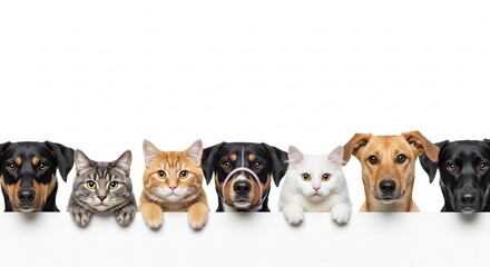 Cute pets peeking from behind a white background