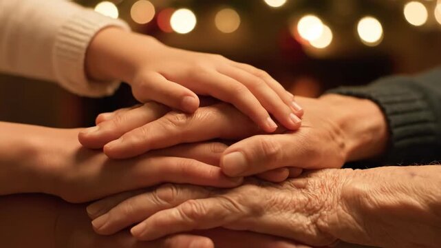 Generational hands stacked in unity, symbolizing family bond and teamwork, with festive bokeh background.