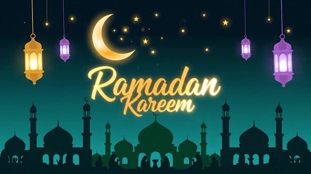 Ramadan Kareem Night sky with Mosque Silhouettes and moving Lanterns. Islamic Celebration