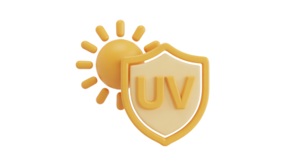 A cheerful yellow 3D sun icon with bright rays alongside a protective shield with UV letters symbolizing sun protection and skin safety
