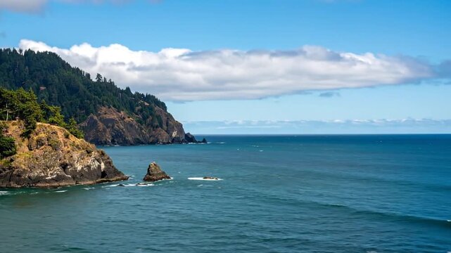Coastal view featuring green trees atop cliffs, with ocean in the forefront and blue sky with clouds