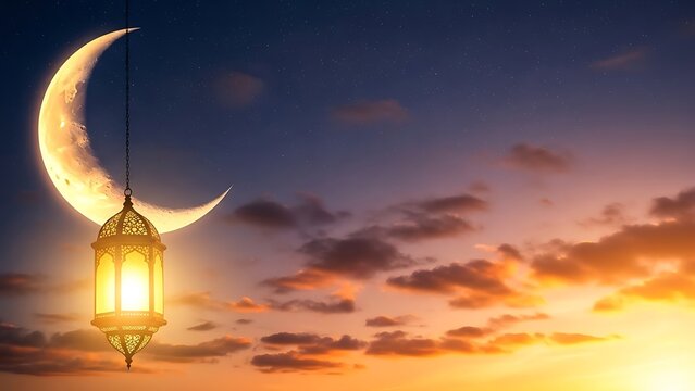 Glowing lantern hangs under crescent moon at sunset with cloudy sky - Powered by Adobe