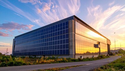 Obraz premium 🏠 Modern Building with Sloped Solar Roof and Sunset Sky in Sustainable Architectural Landscape