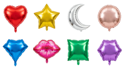 Metallic foil balloon set including heart, star, moon, lips, and geometric shapes isolated. Party decoration and celebration collection.