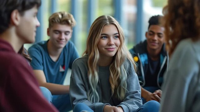 A mixed group of teens seated in a circle during a peer support session, with soft natural daylight flowing in through the windows.