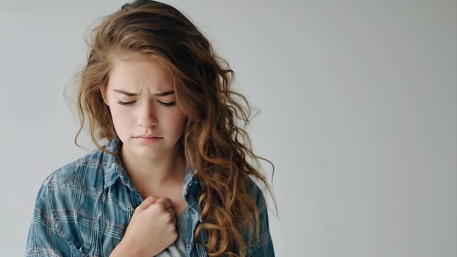 A teenage girl holding her hand close to her chest, fingers slightly tense, with subtle body language that signals discomfort.