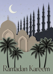 Ramadan kareem paper cut mosque and moon design