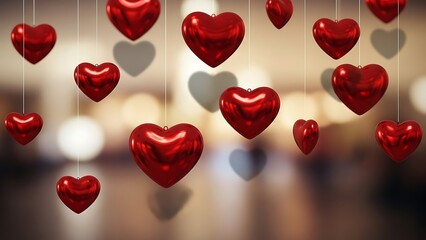 Red heart balloons hanging in romantic blurry background for valentine's day
