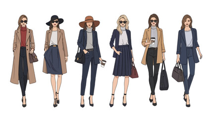 Fototapeta premium Flat vector illustration of six stylish women standing in a row, full body view. Modern urban fashion clothing in various styles.