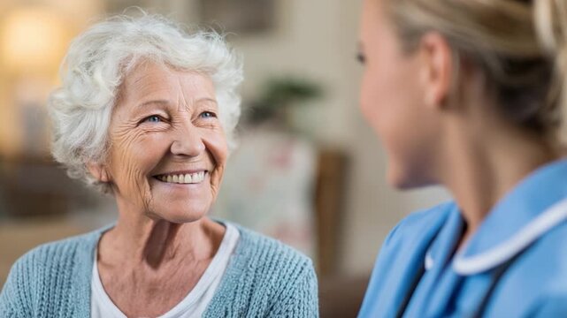 Empathetic Care: A warm image of elderly woman and kind nurse interaction, portraying empathy and professional healthcare.