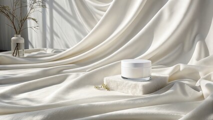 Elegant white cosmetic jar resting on flowing luxurious silk drapery
