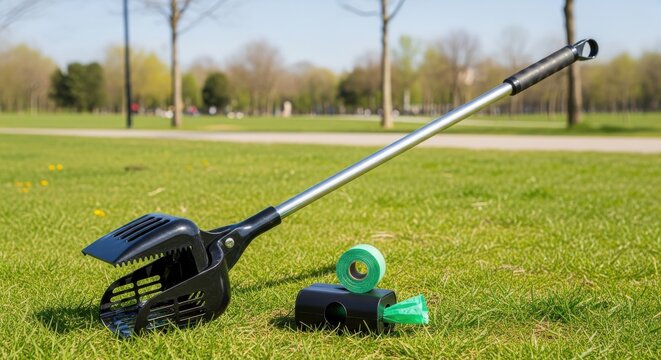 Long handled implement for waste removal rests on bright green grass outdoors