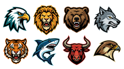 Aggressive animal head mascot set including eagle, lion, bear, wolf, tiger, shark, bull, and hawk isolated. Sports team and gaming branding graphics.