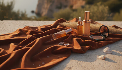 Luxury skincare products arranged on draped fabric outdoors