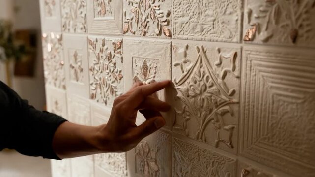 Wallcovering installation in medium shot featuring threedimensional textured wallpaper emphasizing the tactile feel and intricate design being adjusted on the wall.
