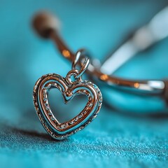Close up of a silver heart charm on a blue textured fabric jewelry accessory