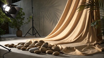 Studio scene with flowing tan curtain stones and professional lighting